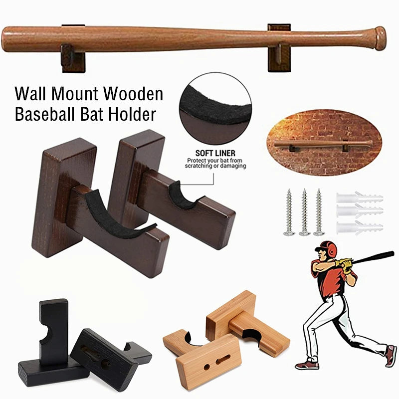 2Pcs Wooden Baseball Bat Display Holder Rack Portable Wall Mount Stand Softball Bat Hockey Stick Rack Bracket