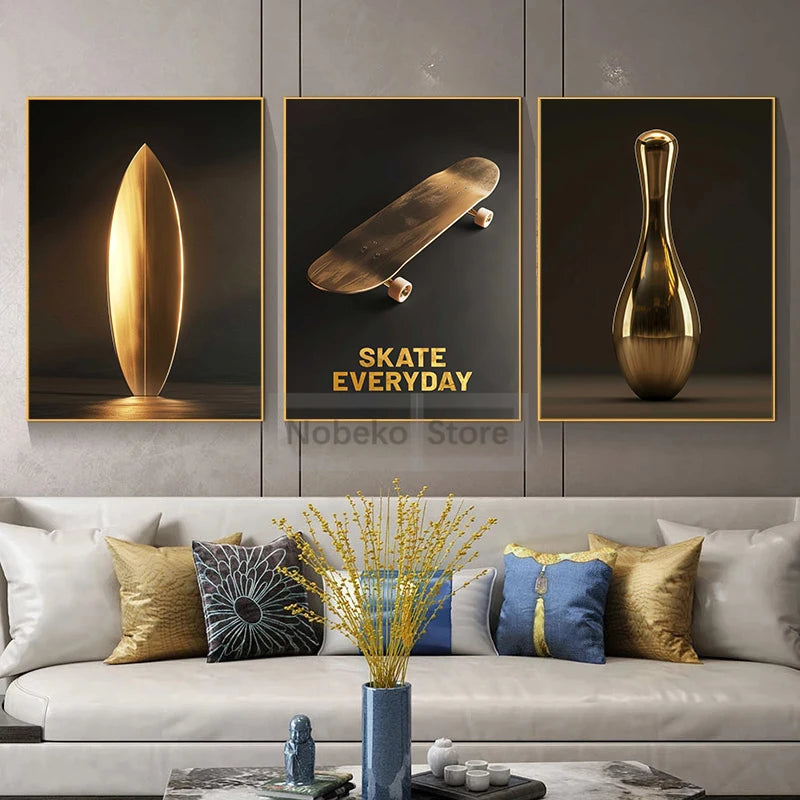 Luxurious Gold Sport Stuff Balls Golf Bowling Rugby Skate Boxingposter Prints Canvas Painting Wall Art Pictures Home Room Decor