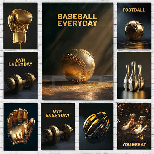 Luxurious Gold Sport Stuff Balls Golf Bowling Rugby Skate Boxingposter Prints Canvas Painting Wall Art Pictures Home Room Decor